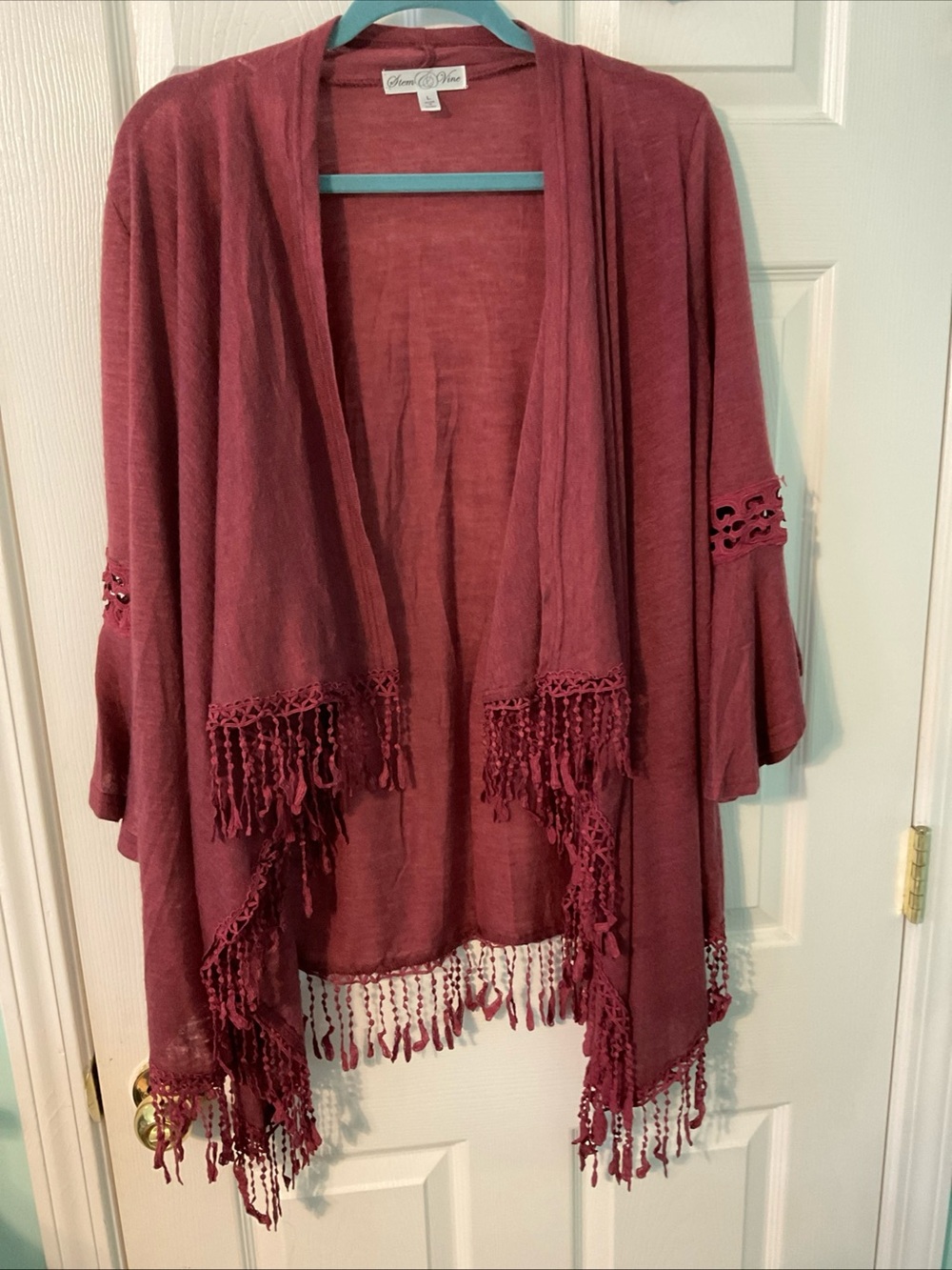 Stem & Vine Wine-Red Fringe Open-Front Cardigan